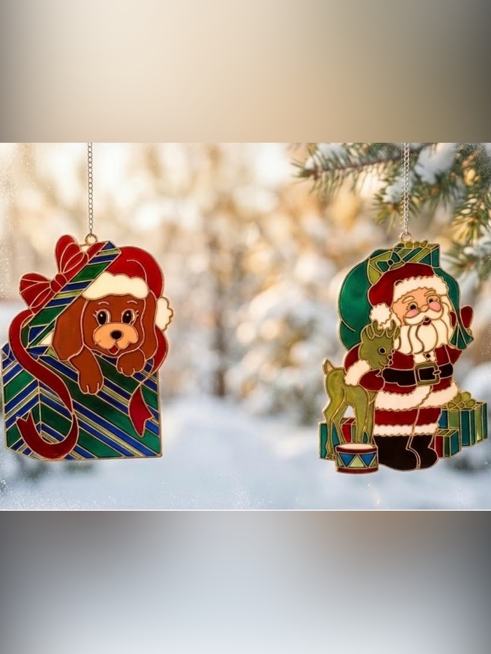 Vintage 80s Christmas Plastic Stained Glass Suncatchers (2) Window Hanging Decor